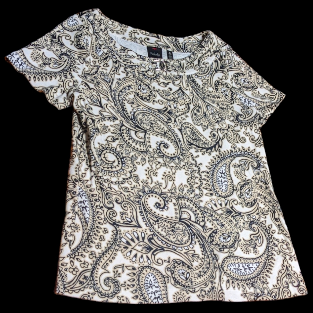 Ladies Rafaella Medium Black White & Cream Paisley Print Buckle Accent Top